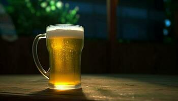 Foamy beer in gold pint glass on wooden pub table generated by AI photo