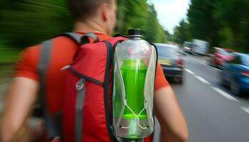 One man hiking with backpack, holding water bottle, exploring nature generated by AI photo