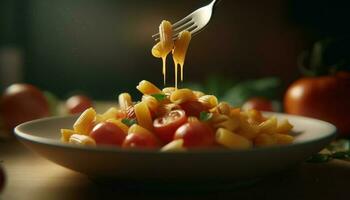 Fresco vegetariano pasta comida en de madera mesa con sano ingredientes generado por ai foto