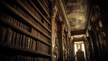 Ancient literature collection in old fashioned library with selective focus generated by AI photo