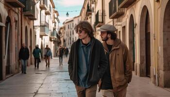 dos joven adulto machos y dos mujer caminando en ciudad generado por ai foto