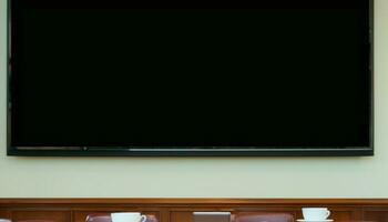 Modern classroom with blackboard, empty chairs, and projection equipment generated by AI photo