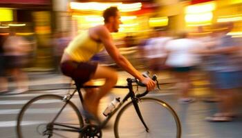 sano estilos de vida en el ciudad ciclismo, caminando, y hacer ejercicio al aire libre generado por ai foto