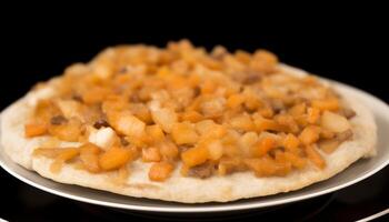 sano vegetariano comida A la parrilla vegetal risotto en negro plato generado por ai foto