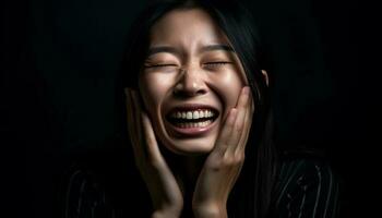 Young woman smiling with joy, eyes closed, on black background generated by AI photo