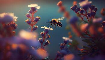 industrious bee flying in flowers searching of its pollen , photo