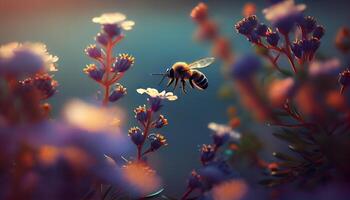 industrious bee flying in flowers searching of its pollen ,generative AI photo