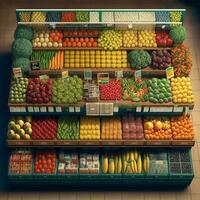 fruits and vegetables in shelf store front view ,generative AI photo