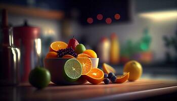 fresh and healthy fruits in bowl kitchen scene ,generative AI photo