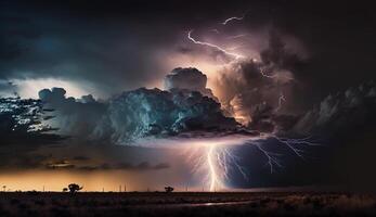 Dramatic sky, thunderstorm, lightning strike at night ,generative AI photo