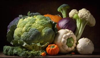 Fresco orgánico vegetales arreglado en de madera mesa ,generativo ai foto