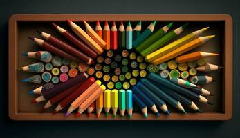 Multi colored pencils on wood table creativity education ,generative AI photo