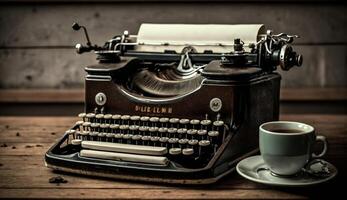 Antique typewriter on wooden table, rustic background ,generative AI photo