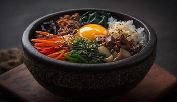 Freshly cooked gourmet meal vegetable, meat, spice , photo