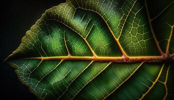 Leaf vein stripe pattern on glowing green wallpaper generated by AI photo