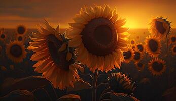 Sunflower plant on rural farm at sunset generated by AI photo