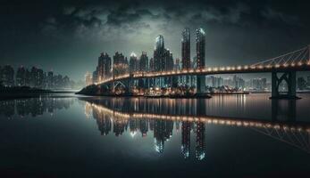 Nighttime city skyline reflected on waterfront surface generated by AI photo
