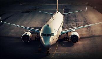 avión tomando apagado en un azul pista generado por ai foto