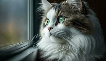 Fluffy kitten staring through window blue eyes curious generated by AI photo