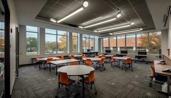 Bright classroom with modern design, empty seats generated by AI photo