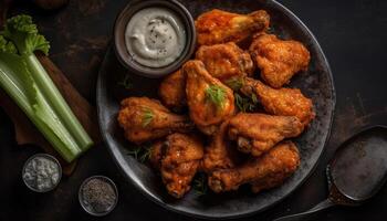 Ready to eat buffalo chicken wings on rustic plate generated by AI photo