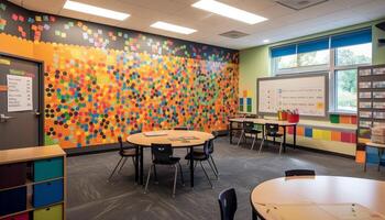 moderno salón de clases con madera mueble y tecnología generado por ai foto