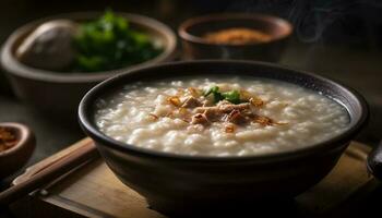 Gourmet meal of rice porridge and vegetables generated by AI photo