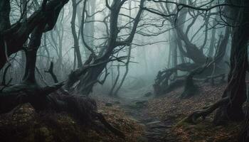 escalofriante bosque, oscuro y misterioso, lleno de horror generado por ai foto