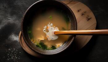 Steamed seafood soup in rustic pottery bowl generated by AI photo