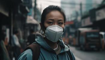 One serious woman in protective mask outdoors generated by AI photo