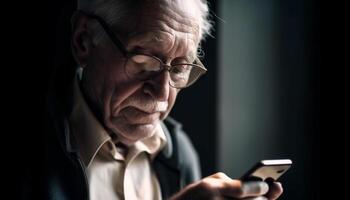 Senior man with gray beard texts on phone generated by AI photo