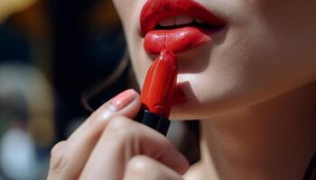 joven mujer elegancia mejorado por rojo lápiz labial generado por ai foto