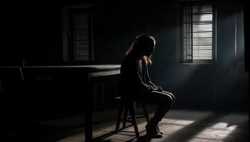 Young woman sits in dark, lonely sorrow generated by AI photo