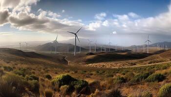 Green wind turbines spinning on a clear day generated by AI photo