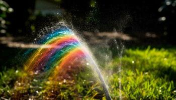 Rainbow colored raindrop splashing wet grass outdoors generated by AI photo