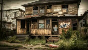 Weathered old shack in rural ghost town generated by AI photo