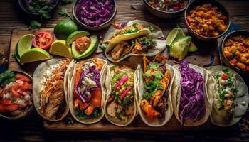 recién hecho mexicano taco ensalada en madera plato generado por ai foto