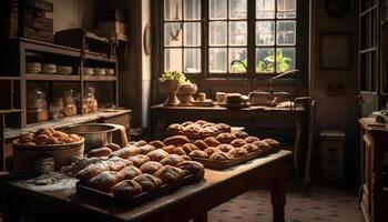 Freshly baked bread on rustic wooden table generated by AI photo