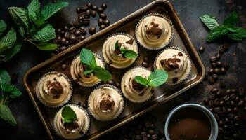 Freshly baked chocolate chip muffin on wood generated by AI photo