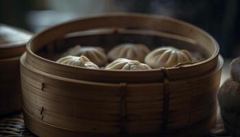 Freshly steamed pork dumplings in bamboo basket generated by AI photo