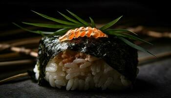 Gourmet sushi lunch on black crockery plate generated by AI photo