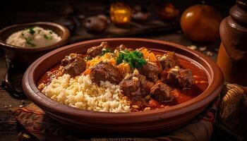 Homemade beef stew with fresh vegetables and rice generated by AI photo