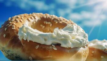 Freshly baked gourmet bagel with creamy chocolate icing generated by AI photo