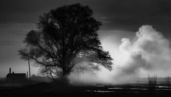 Silhouette forest, spooky mystery, foggy atmosphere, abandoned physical structure generated by AI photo