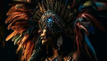hermosa brasileño bailarín adornado en vistoso plumas generado por ai foto