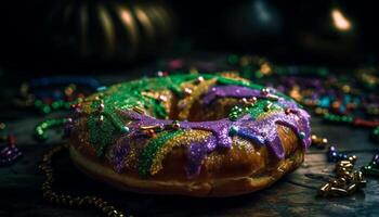 Sweet homemade donut on shiny dark plate generated by AI photo