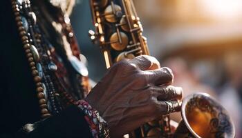 One man playing flute in indigenous culture generated by AI photo