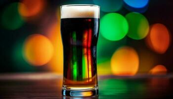 Frothy beer glass illuminates colorful night party generated by AI photo