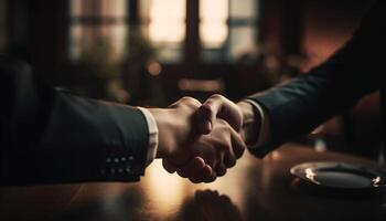 Businessmen shaking hands in successful corporate agreement generated by AI photo