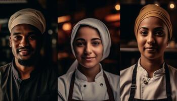 Joyful multi ethnic team of chefs smiling generated by AI photo